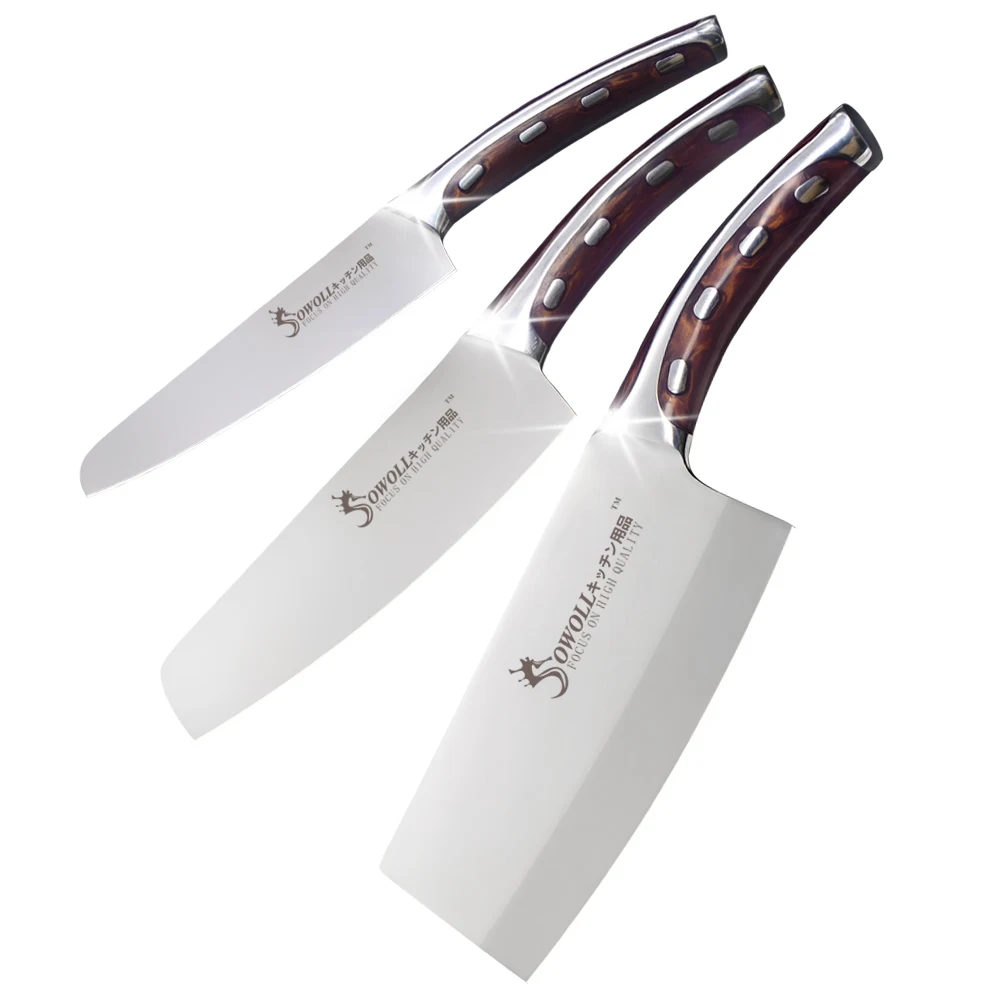SOWOLL бесшовная Сварка кухонный нож 4CR14 набор ножей из нержавеющей стали антипригарный нож шеф-повара энергосберегающий инструмент для приготовления пищи горячая распродажа - Цвет: 3 Pcs knife set