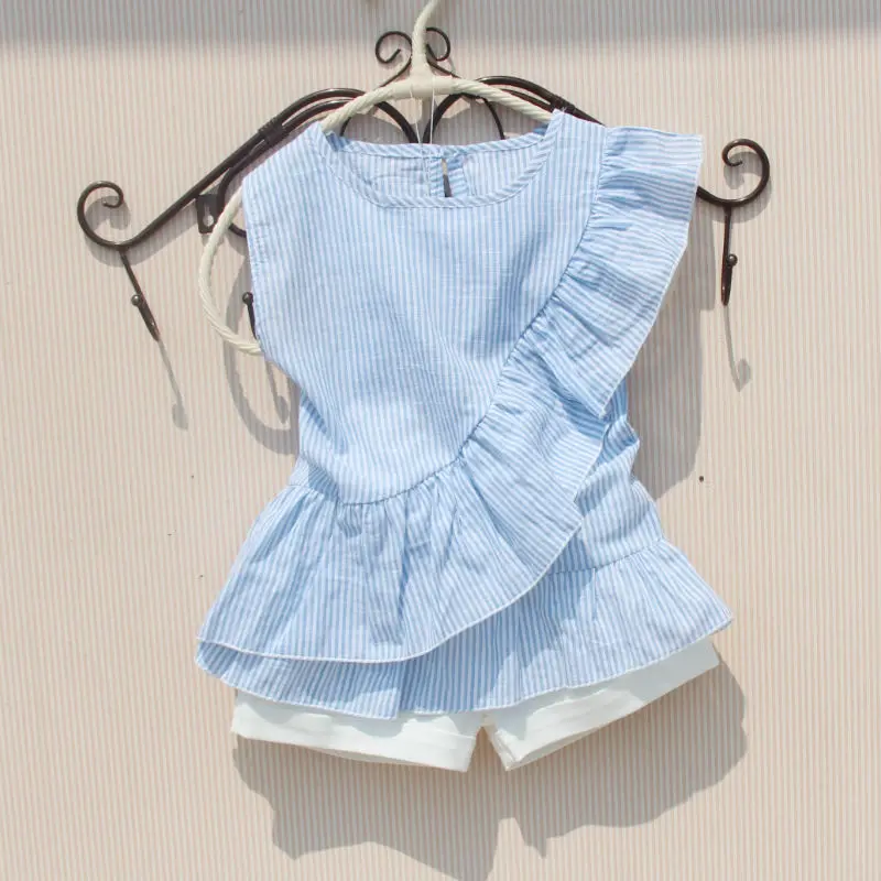 Casual Blouse Girl New Arrival Summer Solid White Blouses Cotton Ruffle Sleeve Less Red Shirts Blue Striped Shirt for Teenagers | Детская