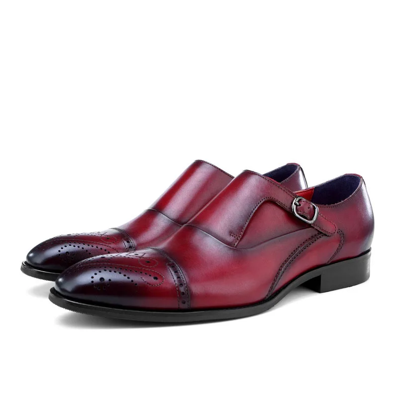 

Wine Red 2019 Genuine Leather Dress Shoes Men Engraving Wedding Office Handmade Brogue Shoes Buckle Italian Brand Formal Shoes