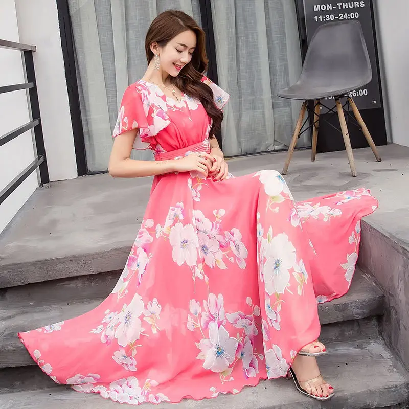 

5XL Chiffon Long Dress Women Elegant Vestidos Print Plus Size Dress Robe Femme Party Beach Maxi Summer Dress Women Casual Q1206
