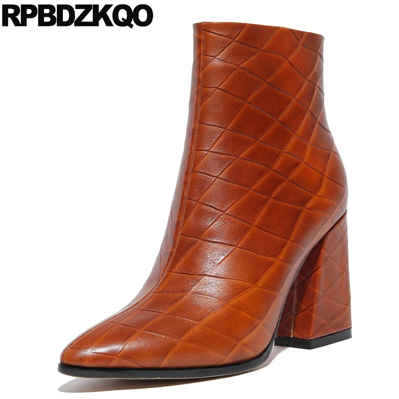 

Ankle Plaid Zipper Fall Short Pointed Toe Brown Chunky Designer Shoes Women Luxury 2017 Boots High Heel Genuine Leather Booties