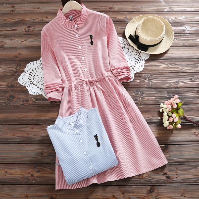 

2019 Spring Fall Retro Women Stripe Dress Cat Embroidery String Vestidos De Festa Cotton Linen Mori Girl Sweet Dress S-2XL