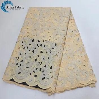 

French Hollow Design Nigerian Cord Lace Fabric High Quality 2019 African Organza Laces Fabric With Stones 5 Yards/pcs For Sewing