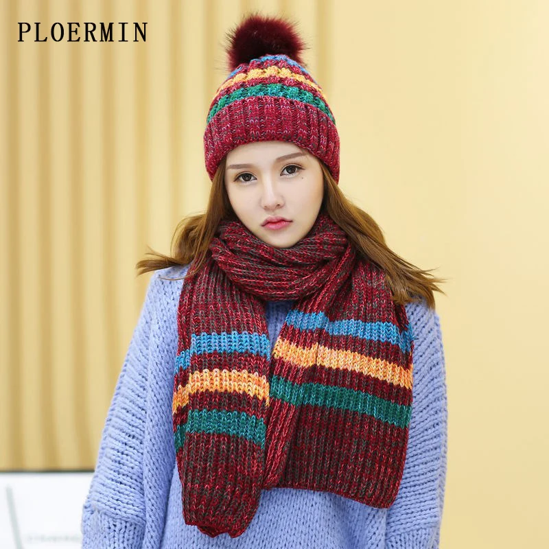 

Women Winter PLOERMIN Hat And Scarf Set Warm Plus Velvet Knitted Hat Scarf For Girls High Quality Fur Pompoms Hats Lady Beanies