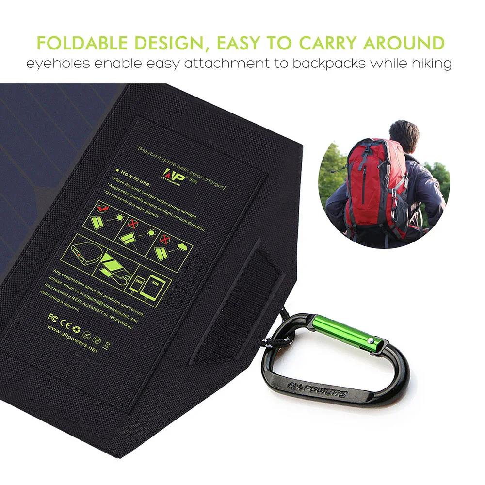  ALLPOWERS 5V21W Portable Phone Charger Solar Charge Dual USB Output Mobile Phone Charger for iPhone