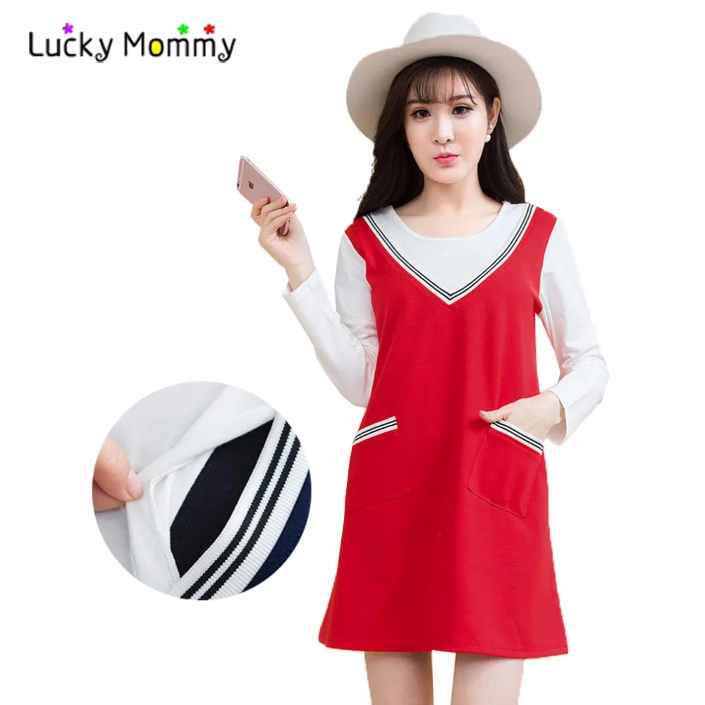 

Spring Nursing Dress False Two Piece Breastfeeding Dresses Blue and Red Maternity Clothes Plus Size Women's Clothing for Feeding