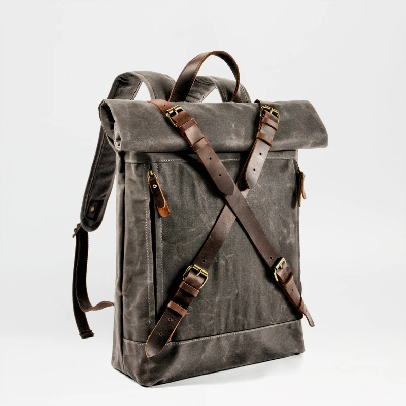  MUCHUAN Unisex Hard Oil Waxed Canvas Leather Backpacks Criss-Cross Waterproof Backpack Men for Trav