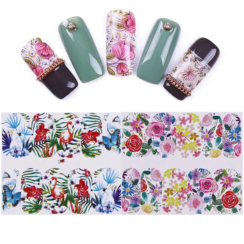 Big Sheet 12 Flowers Fruits Drinks Styles Flamingo Summer Nail Art Water Transfer Nail Stickers Decal Full Cover Tips Manicure