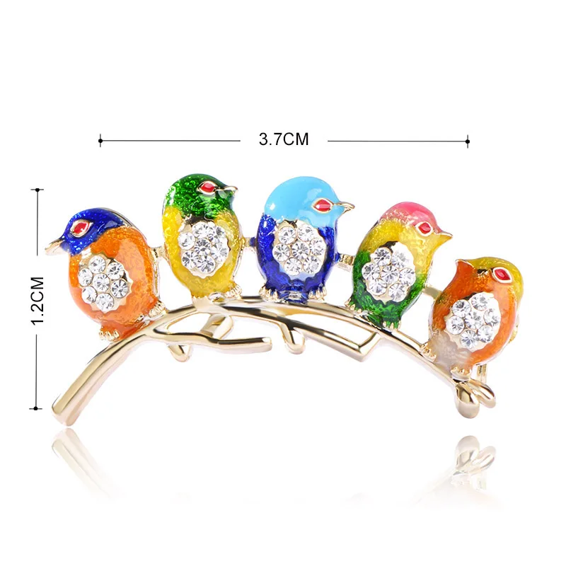 Blucome Vivid Colorful Enamel 5 Birds Brooches For Women Kids Gold Color Crystals Broches Scarf Dress Suit Shoulder Hat Brooches
