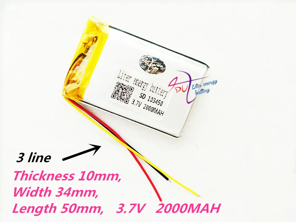 3 провода 103450 3,7 V 2000MAH литий-полимерная аккумуляторная батарея для MP3 gps навигатора DVD рекордер гарнитура электронная книга камера - Цвет: 1PCS