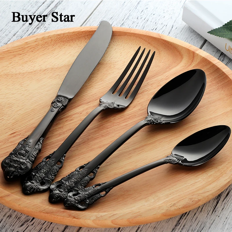 Flatware Set Retro Cutlery Set 24 Pieces Black 18/10 Stainless Steel