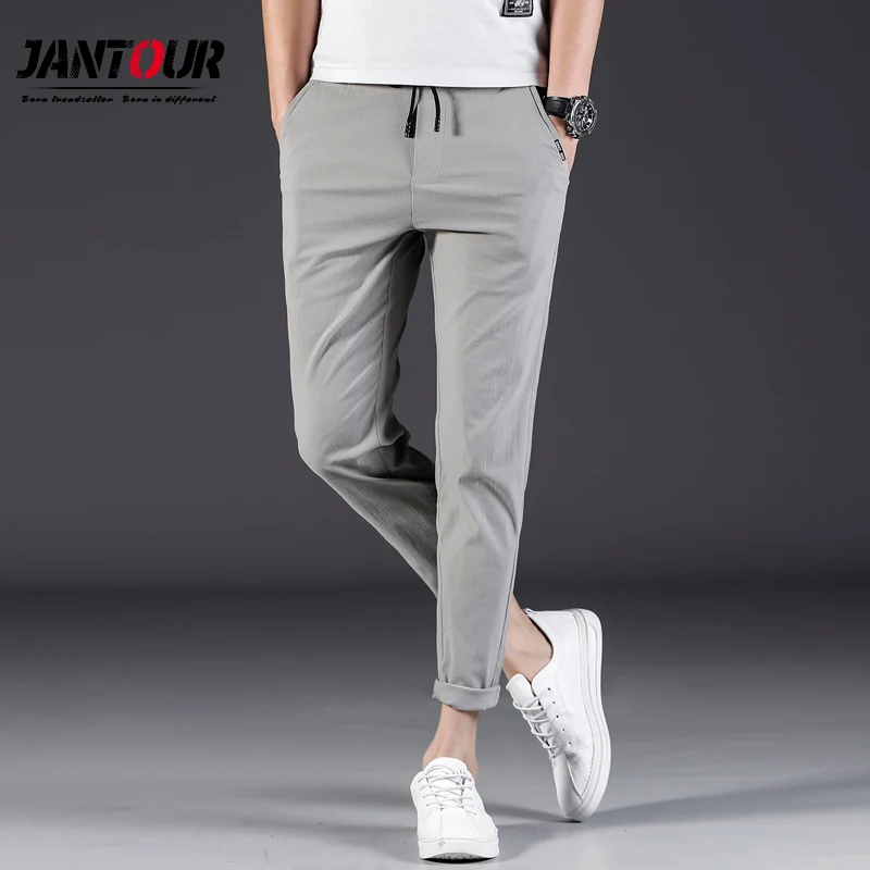 

2019 New summer Mens Pants 99% Cotton Comfortable Lace Solid Pencil Pants men Gray Joggers Fashion Casual Trouser male