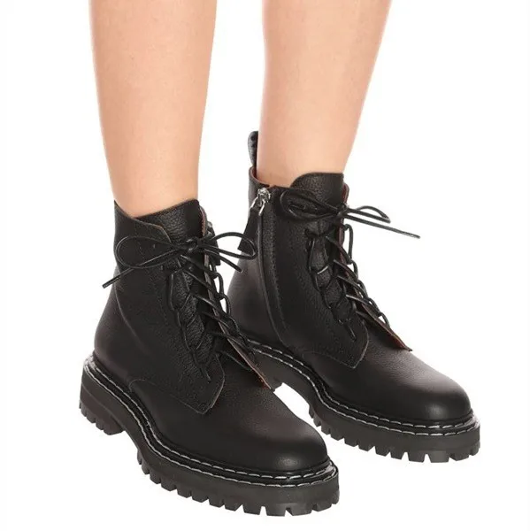 

PXELENA Star Style Celebrity Women Martin Boots Genuine Leather Low Heel Lace Up Zip Military Combat Motorcycle Boots Shoes 43