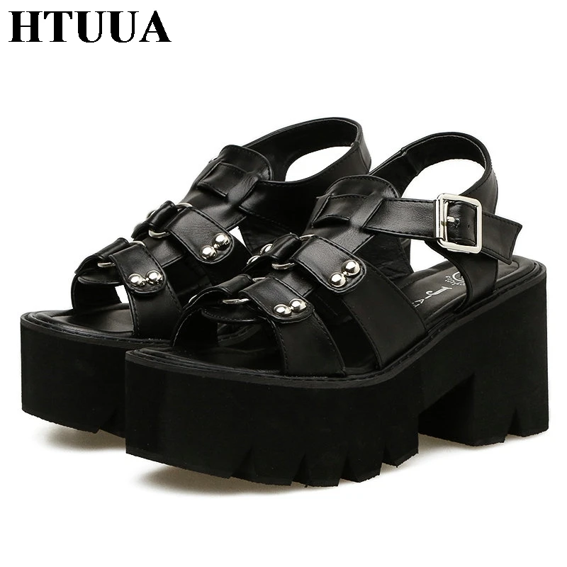 

HTUUA Harajuku Fashion Women Sandals Black Open Toe Buckle Strap Wedges Heel Platform Shoes Female Slingback Sandals SX2880