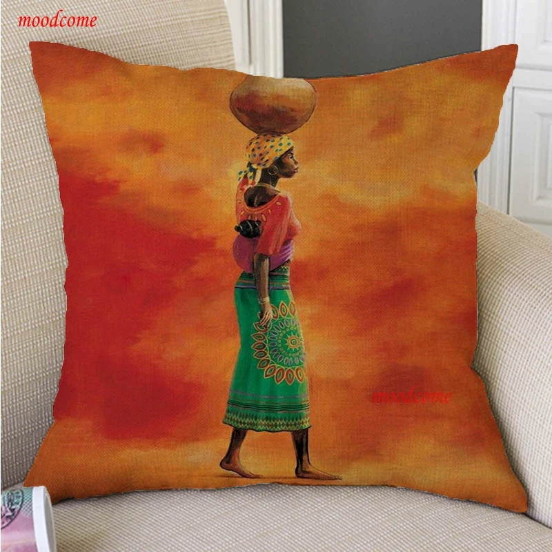 

Orange African Art Oil Painting African Woman Lifestyle Cotton Linen Sofa Decoration Throw Pillow Cover Exotic Art Cushion Cover