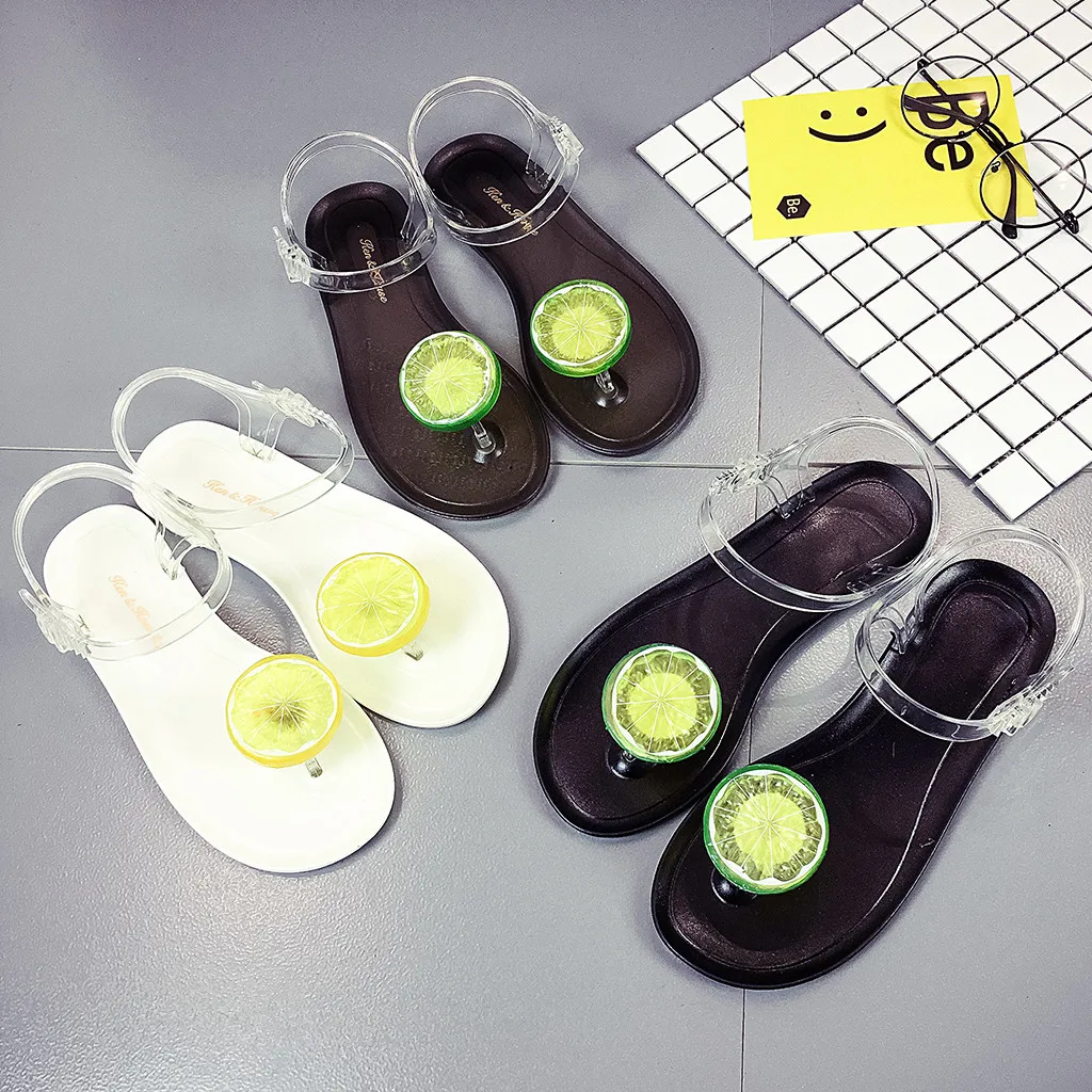 Women's sandals Fashion chaussures femme Transparent Strap sandals women Lemon Pattern Flat Sandals Beach Shoes Slides terlik