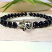 SN0307 рука Хамса черные дизайнерские винтажные натуральный камень браслет Мала Йога мужской браслет стрейч мужские ювелирные изделия