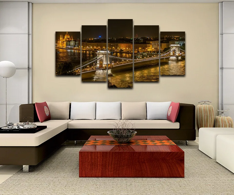 Modular-Vintage-Night-View-Pictures-5-Panel-Hungary-City-Home-Decor-Paintings-On-Canvas-Bridge-Wall (2)