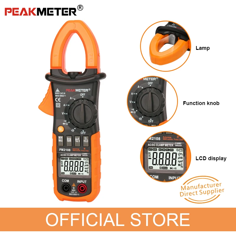 Цифровой мини зажим PEAKMETER PM2108 6600 отсчетов переменный/постоянный ток истинное