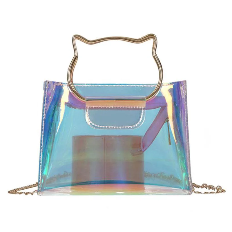

AUAU Women Cat Handle Laser Hologram Shoulder Bag Chain Clear High Quality Jelly Messenger Bags Fashion Female Crossbody Handb