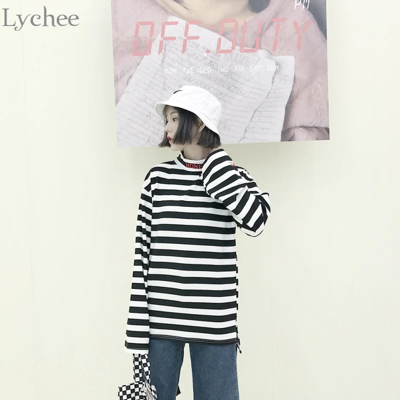 Футболка Lychee Женская весенне осенняя с буквенным принтом и вышивкой в полоску