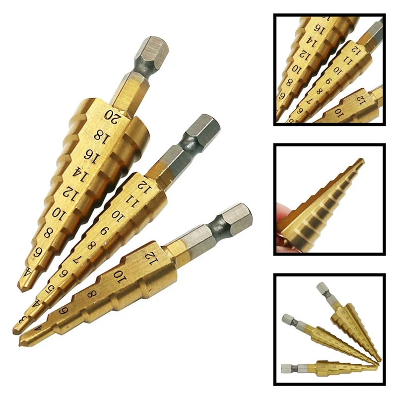 

HSS Steel Titanium Step Drill Bits 3-12mm 4-12mm 4-20mm Step Cone Cutting Tools Steel Woodworking Wood Metal Drilling Set