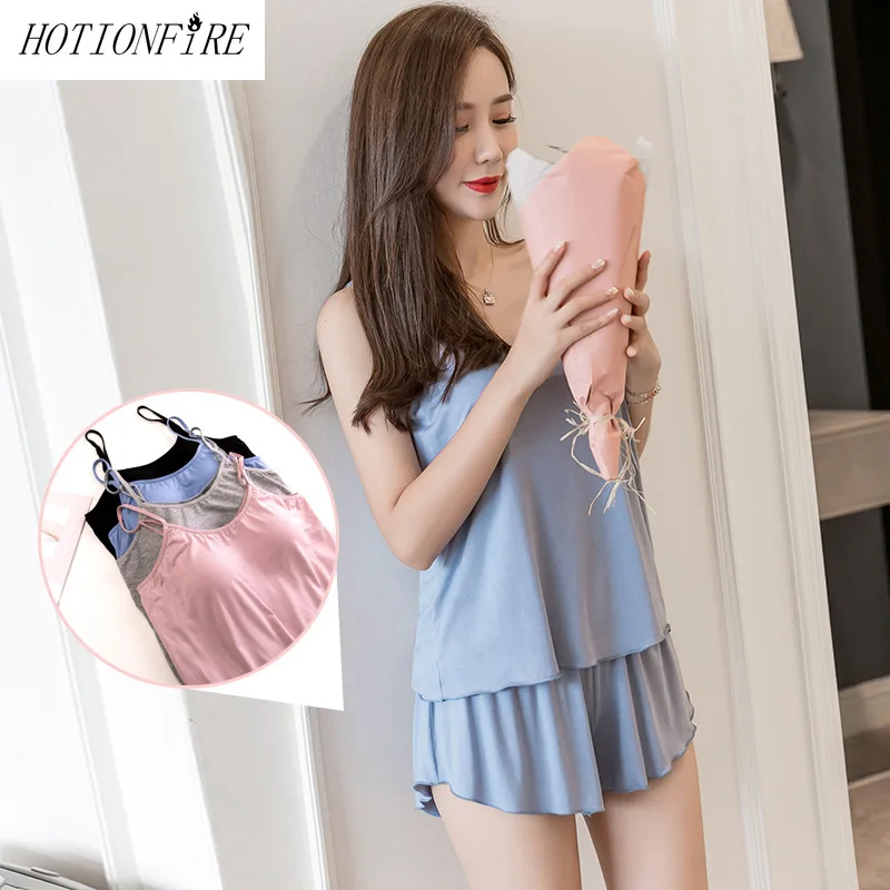 

Pajamas Set for Women Leisure Lingerie Tank Tops Shorts Summer Cotton Plus Size Homewear Personality Nightgown Sexy Sleepwear