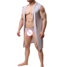 Мужской банный халат с трусиками, сексуальная пижама, летняя одежда для сна, Шелковый балахон с капюшоном, халат, размер плюс мужской халат, Пижама для ванной