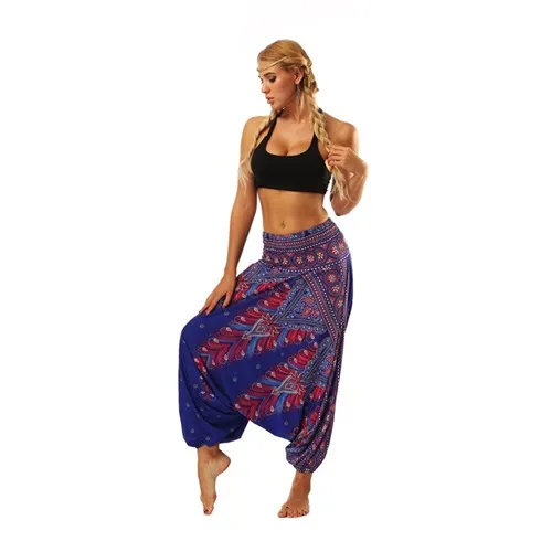 capri dress W-Yunna Ladies Women Beach Pants Trousers Boho Gypsy Hippie Women Wide Leg Harem Peacock Feather Print Elastic Pants Trousers plus size clothing Pants & Capris