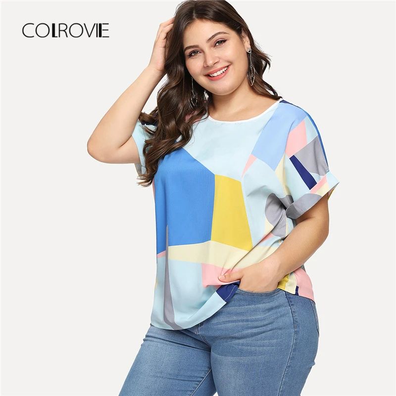 

COLROVIE Plus Size Patchwork Roll Up Sleeve Blouse Shirt 2018 New Summer Multicolor Feminine Blouse Casual Women Tops