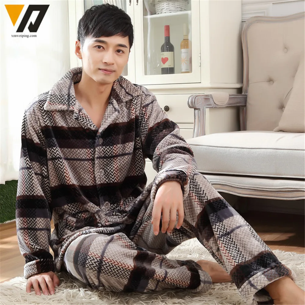Soft Flannel Set Men Nightwear Winter Long sleeve Set Pajamas Male