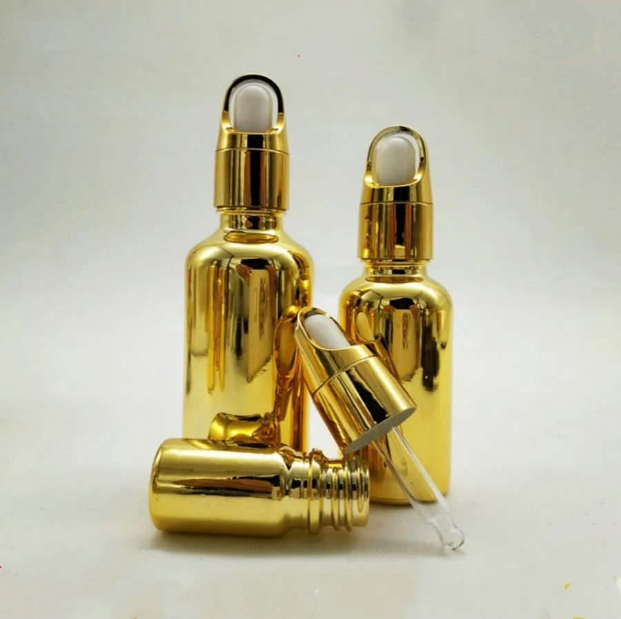 

50pcs 5ml 10ml 15ml 20ml 30ml 50ml gold essential oil glass empty bottle aluminum cover dropper perfume essence lotion cosmetic