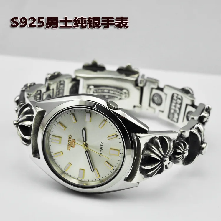 

Sterling Silver Watch Thai Silver Style Fashion Retro Stereo Cross Flower Men 's Bracelet Quartz Watch Wholesale