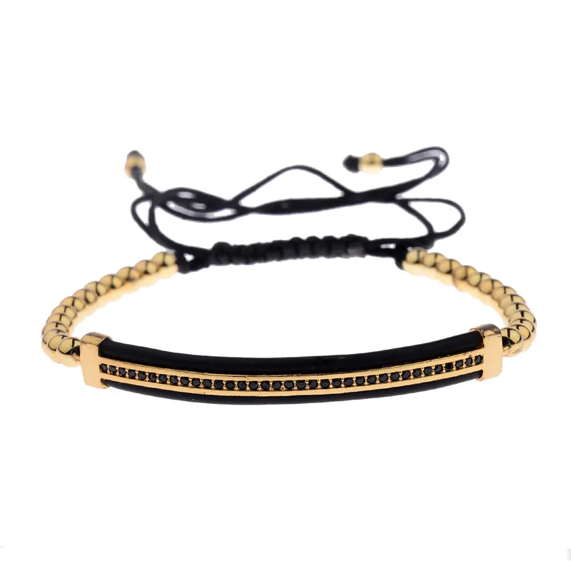 

2018 Fashion Adjustable Copper Long Bar Black Zircon Charms Beads Strand Beaded Bracelet Bangles for Women Men Handmade Jewelry