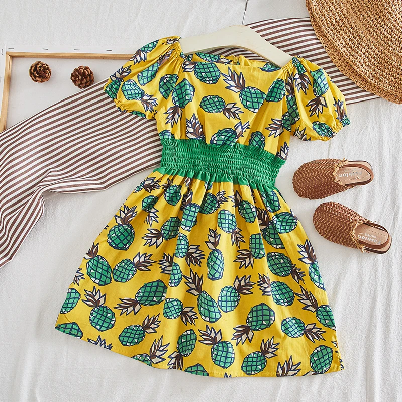 

Girls Dresses 2019 Summer New Children's Clothing Fashion Girls Garden Wind Pineapple Print Waist Puff Sleeves Sweet Dress