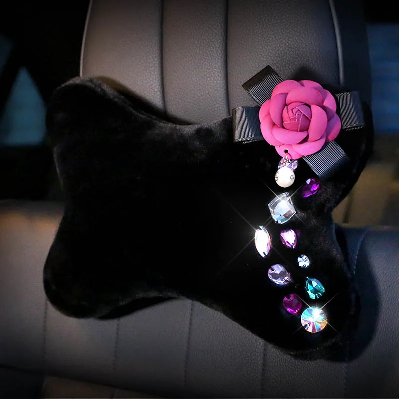 Camellia-Flower-Plush-Fur-Car-Headrest-Neck-Pillows-Colorful-Diamond-Crystal-Car-Waist-Support-Pillows-Interior-Car-Accessories-1