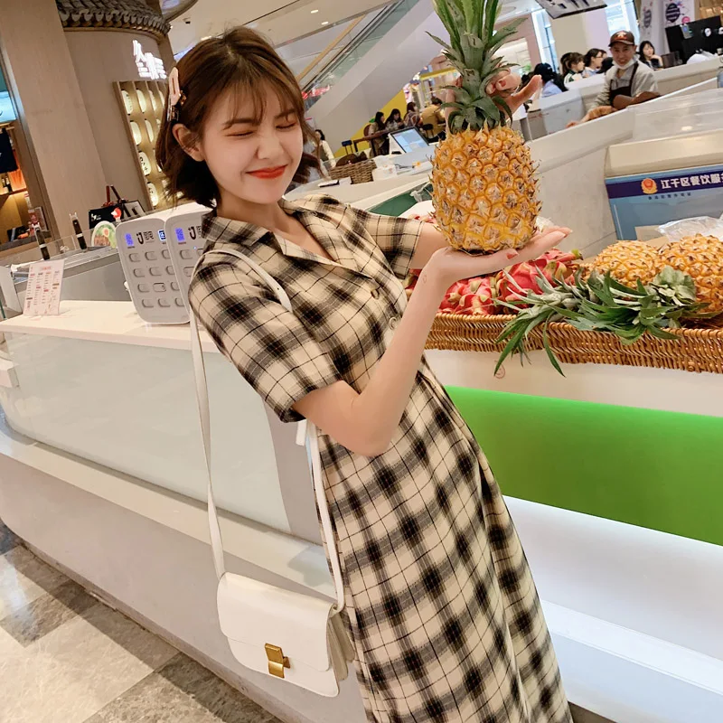 

Women Summer Long Plaid T Shirt Dress Office Elegant Vacation Lady Slim School Dress Female Button Vintage Runway Korean Dress