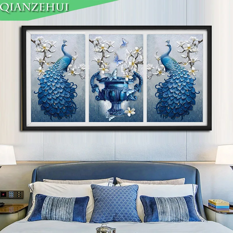 

QIANZEHUI,Diamond Embroidery,Round Diamond Triptych peacock Full rhinestone 5D Diamond painting cross stitch,needlework