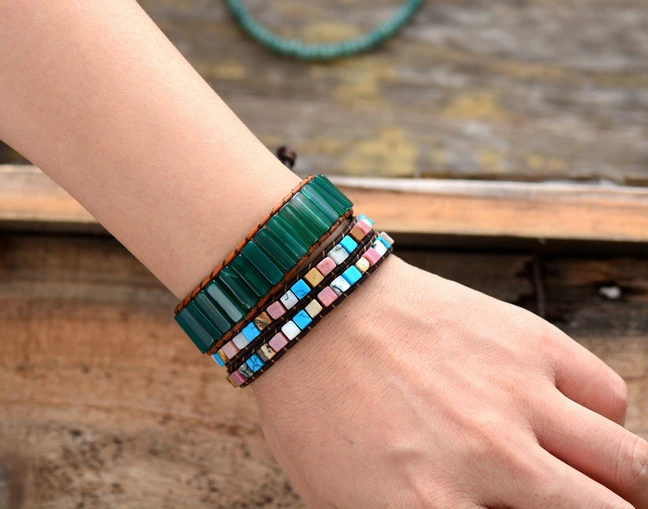 Womens Boho Bracelets Tube Shape Green Onyx Single Leather Wrap Bracelet Semi Precious Stone Beaded Beadwork Bracelet Dropship - Image 5