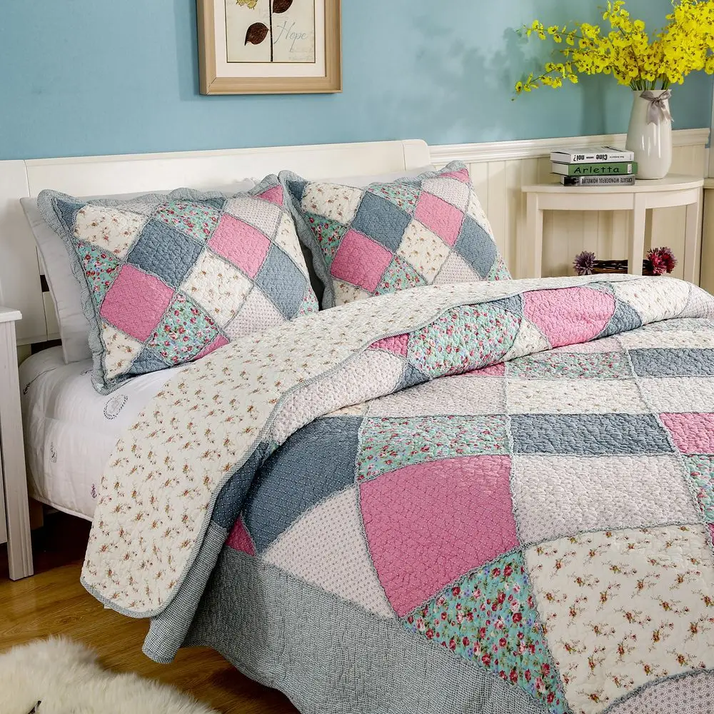 

CHAUSUB Floral Diamond Patchwork Quilt Set 3pc Cotton Quilts Quilted Bedspread Bed Cover Sheets Pillowcase coverlet King Size