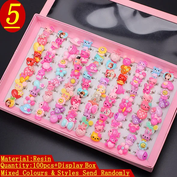 Wholesale 100pcs Mix Lot Animals Flower Assorted Baby Kids Girl Children's Cartoon Rings With Display Box