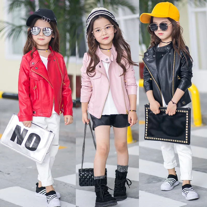 

girls pu jacket rivet zipper cool jacket Leather clothing for girls 5-13 years oldClassic collar zipper leather motorcycle