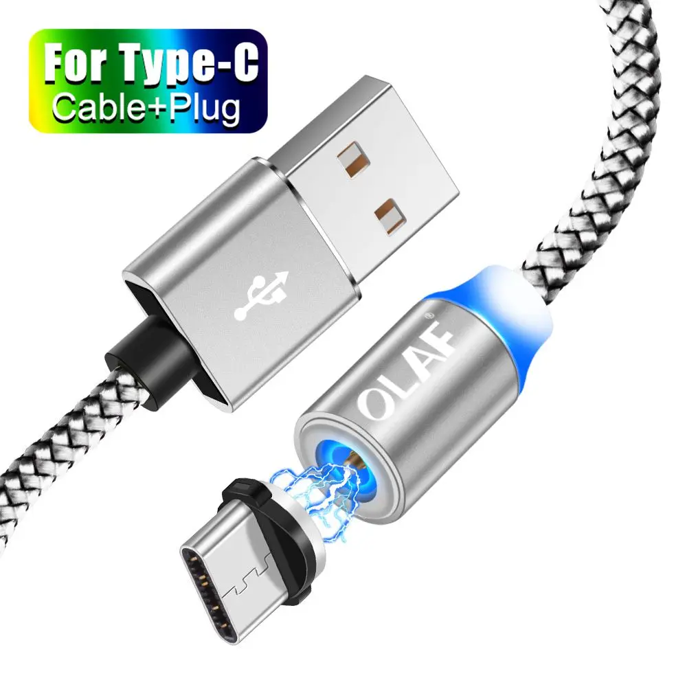 OLAF 2 м светодиодный магнитный USB кабель для iPhone Xs Max 8 7 6 usb type C кабель и оплетка Micro USB кабель для samsung Xiaomi huawei USB C - Цвет: Type Cable Silver