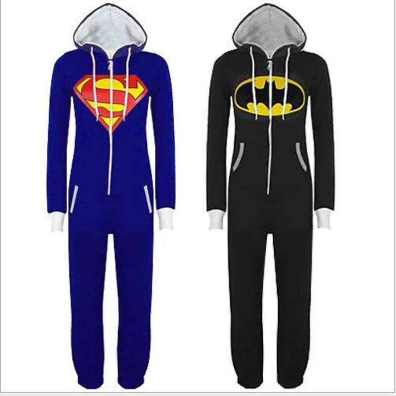 Мода 2017 г. унисекс пижамы для взрослых Onesie мужские женщин Бэтмен Супермен одна