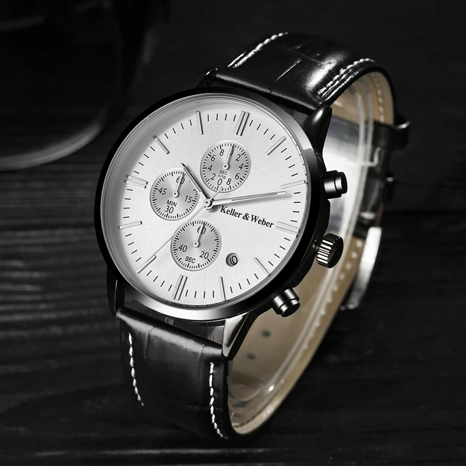 Keller & Weber Mens Watches 30m Waterproof Quartz Business Watches Date Display Genuine Leather Band Relogio Masculino Best Gift (29)