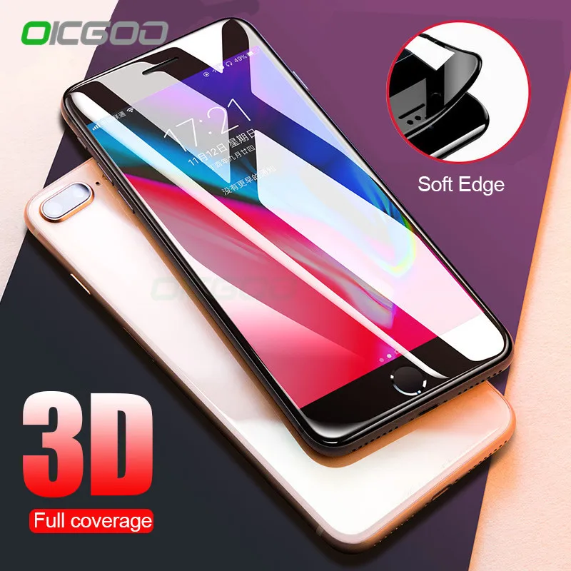 Beste OICGOO 3D 9 H Gebogen Rand Volledige Cover Screen Protector Voor iPhone X 6 6 S 7 8 Plus Gehard Glas Voor iPhone 7 8 6 6 S Plus X Film