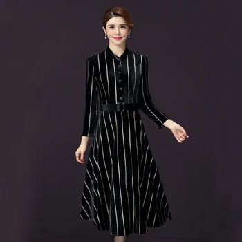

Autumn Striped Women Dress New Style Winter Single-breasted Xxxl Designs Female Elegant Fashion Slim Temperament Dresses