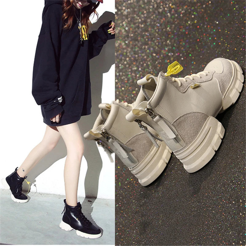 Goede DAOKFPO 2018 Echt leer vrouwen over de Korte laars laarzen lace up vrouwen schoenen winter dubbele rits platte bodem laarzen NVA 62