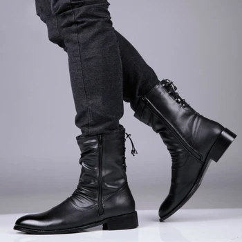 

England style mens fashion soft leather boots cowboy handsome pointed toe shoes black high boot spring autumn botas hombre male