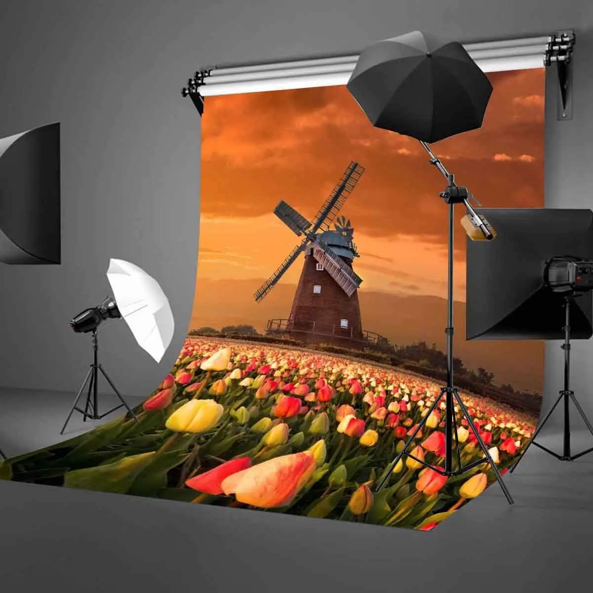 

150x220cm Beautiful Tulips Garden Backdrop Large Windmill Dusk View Photography Background